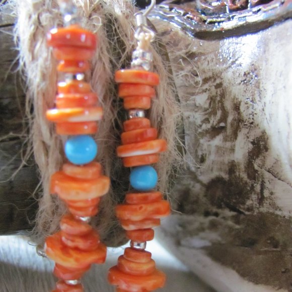 ZUNI HAND MADE SPINY  OYSTER & SLEEPING BEAUTY TURQUOISE EARRINGS - Picture 5 of 16